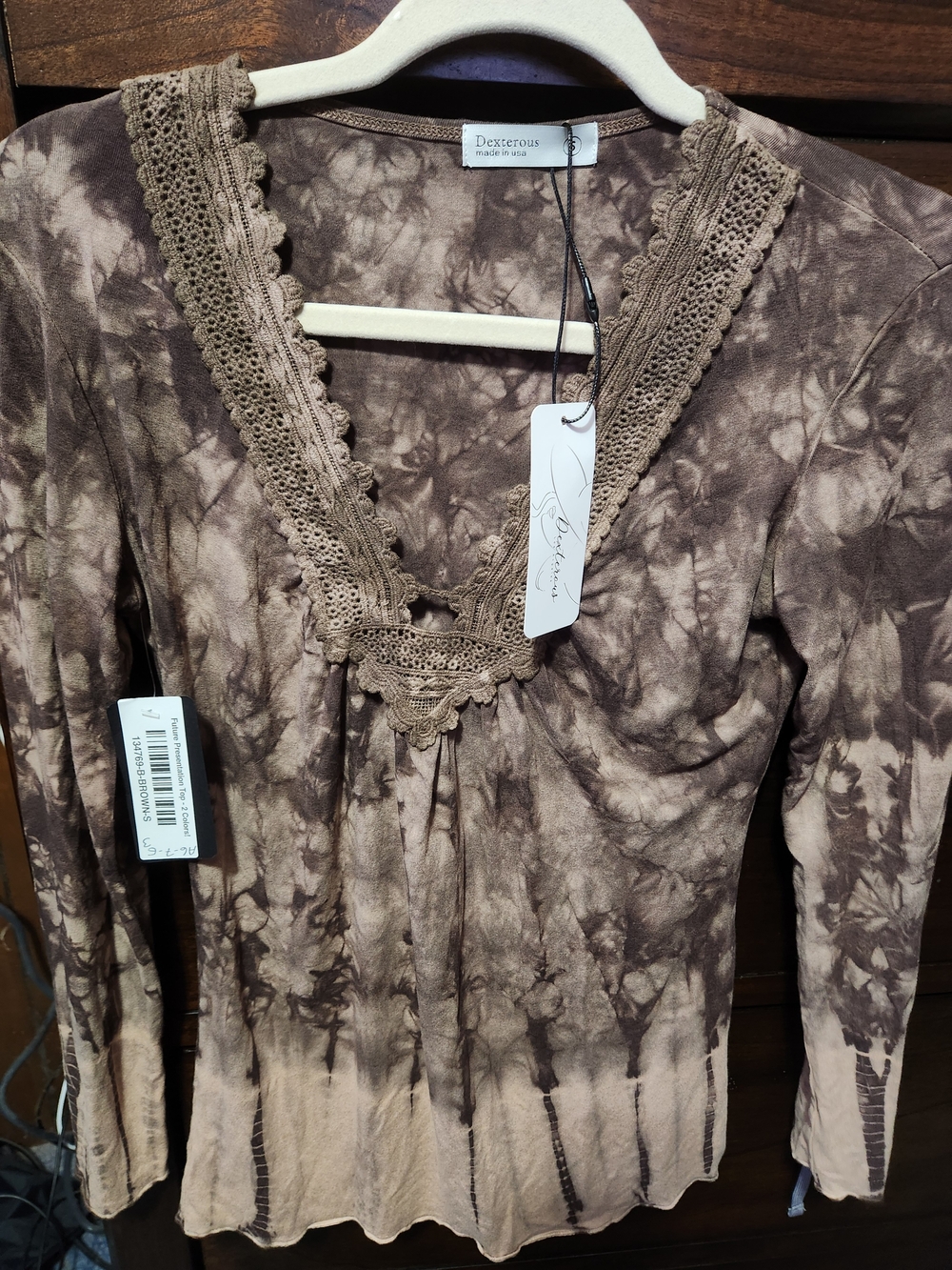 Brown Tie-Dye Long Sleeve V-Neck Shirt with Crochet Trim